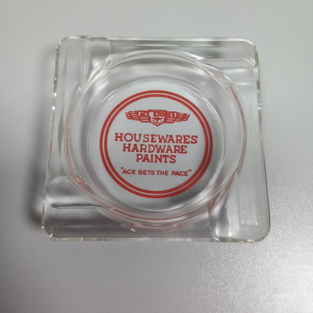 Vintage Ace Hardware Glass Ashtray Red Logo Housewares Paints Clear Square 3in